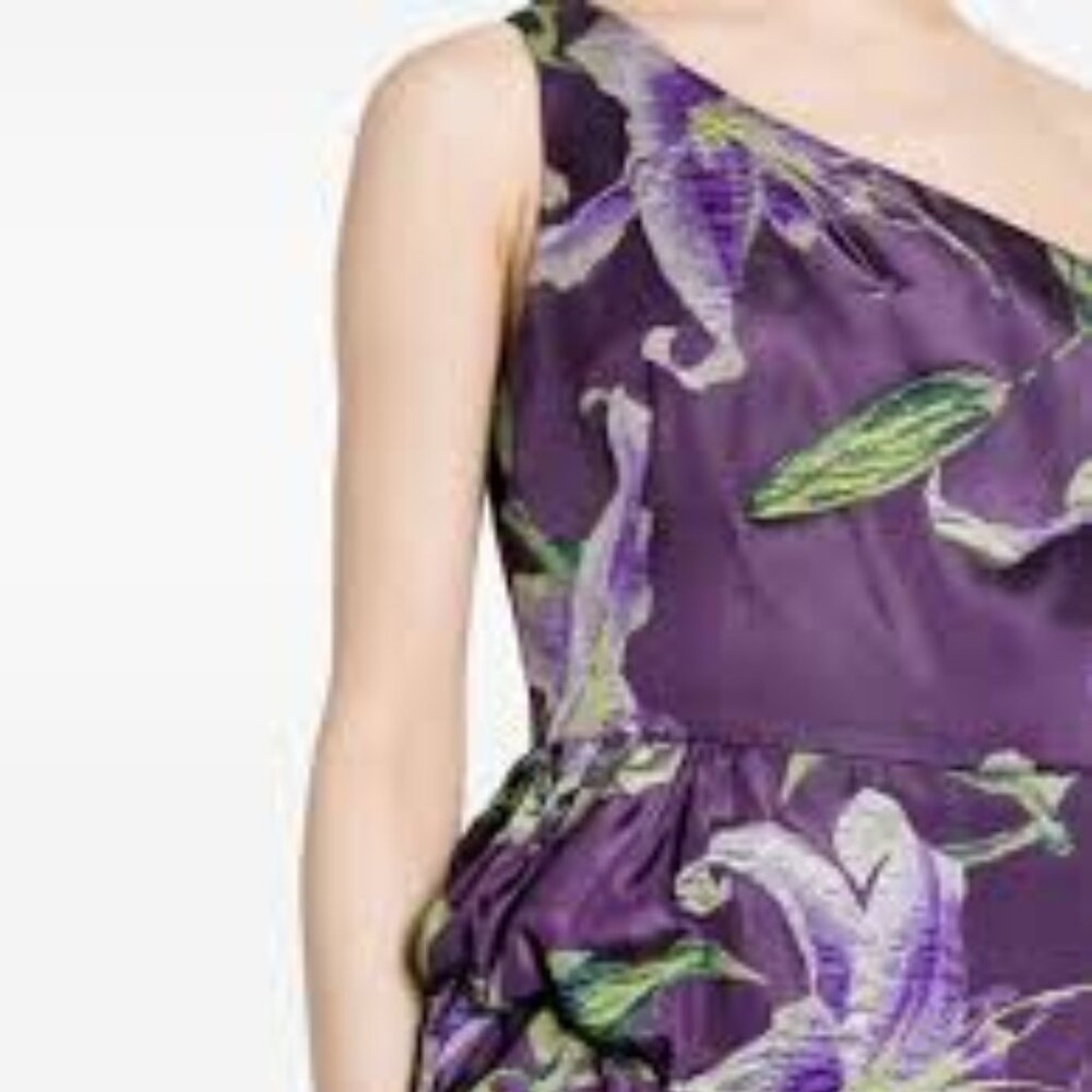 Marchesa Notte purple Jacquard lilly one shoulder midi cocktail dress size 8 - Picture 5 of 9